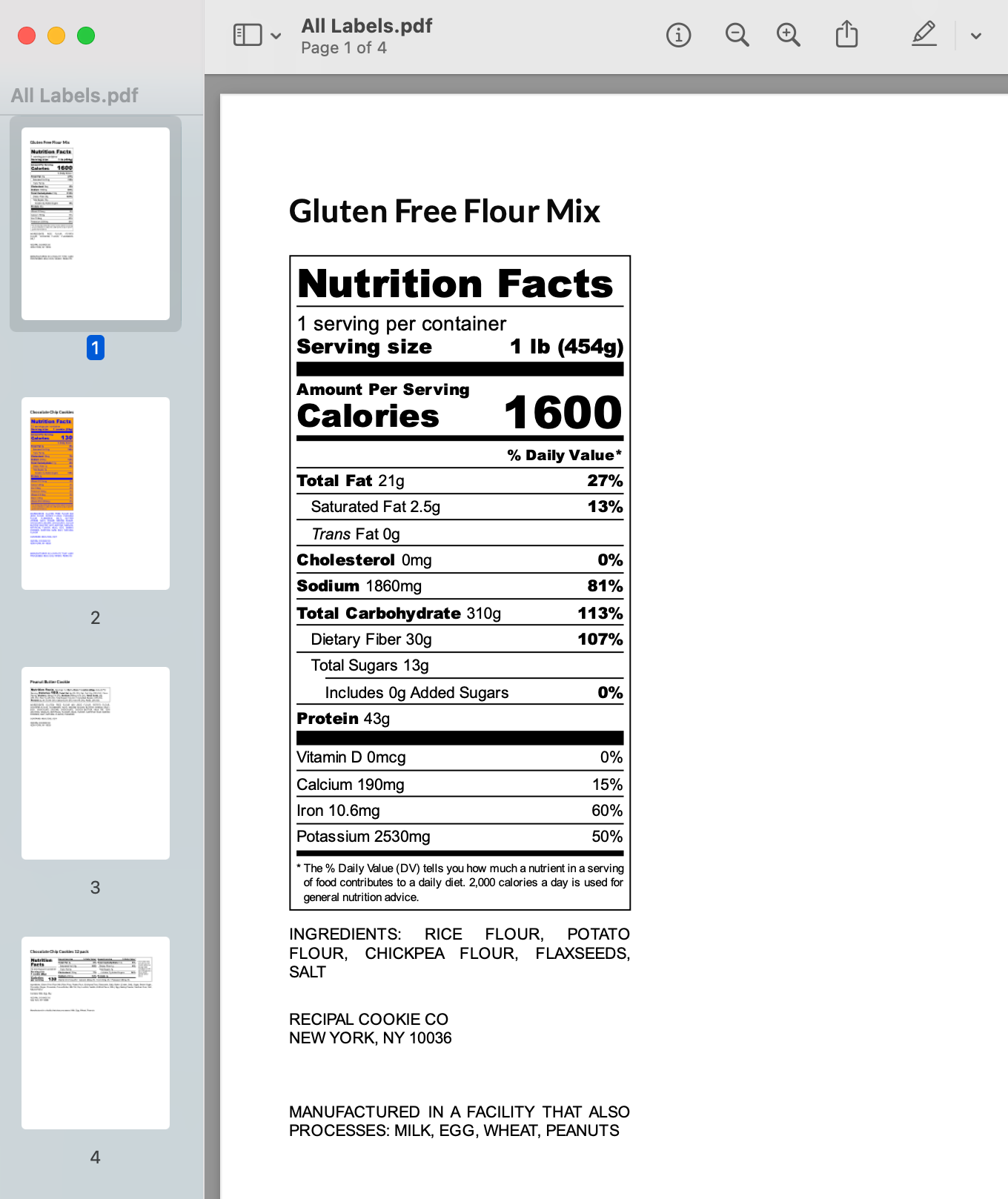 Bulk PDF Nutrition Label File