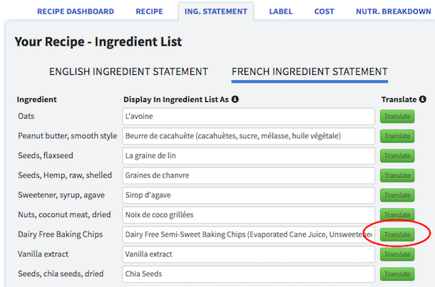 French ingredient statement translation feature for Canadian bilingual nutrition labels