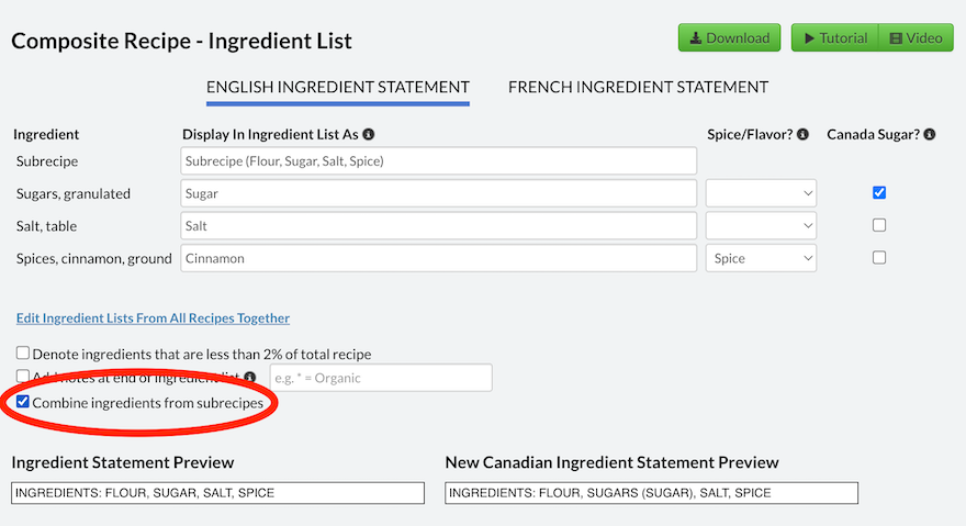 Combine ingredient statements from subrecipes