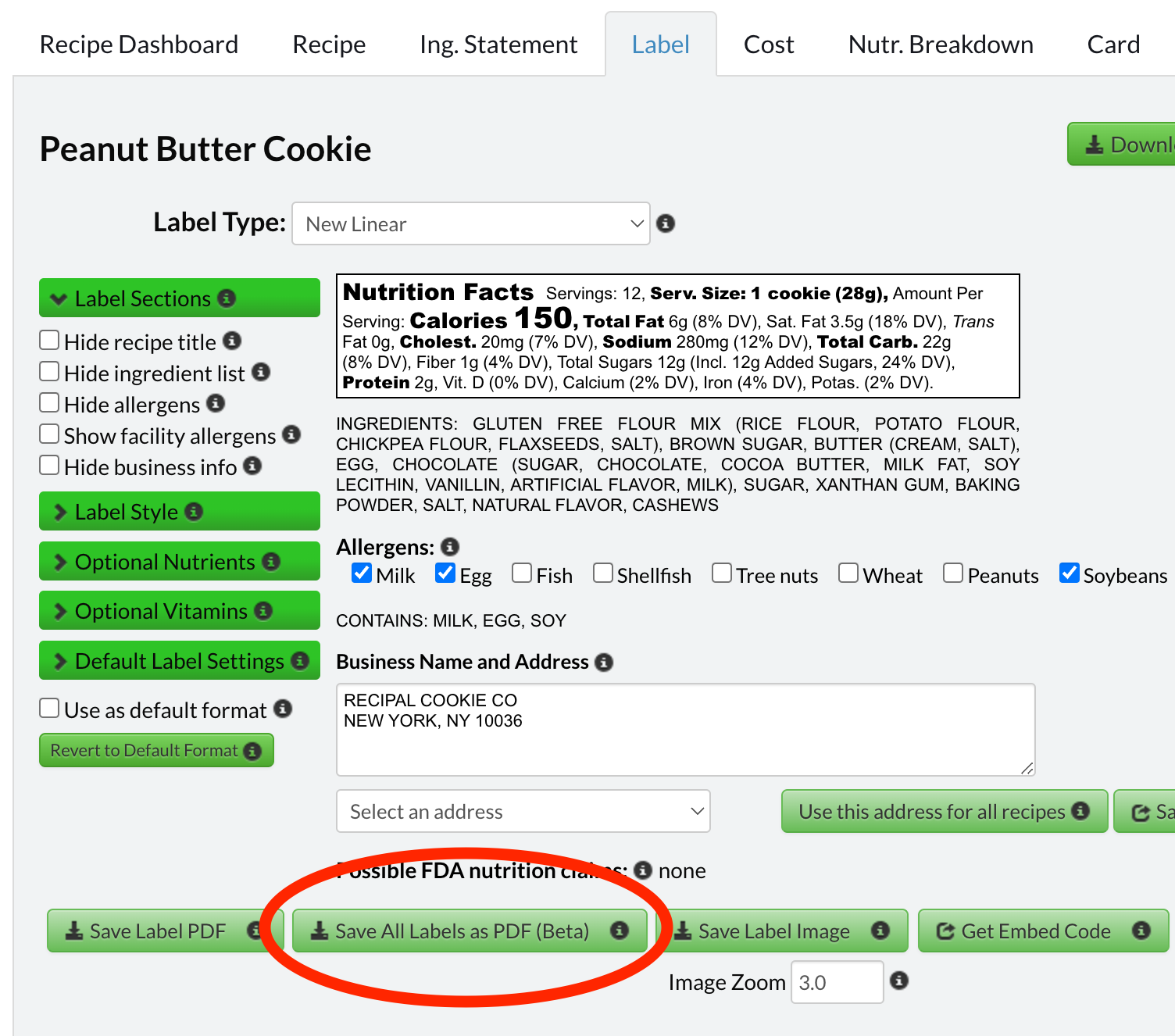 Bulk PDF Nutrition Label Download Button