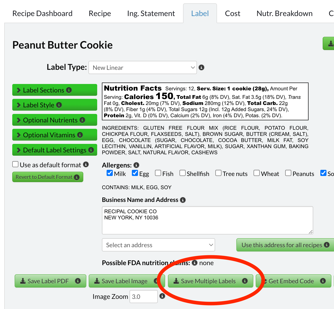 Bulk PDF and PNG Nutrition Label Download Button