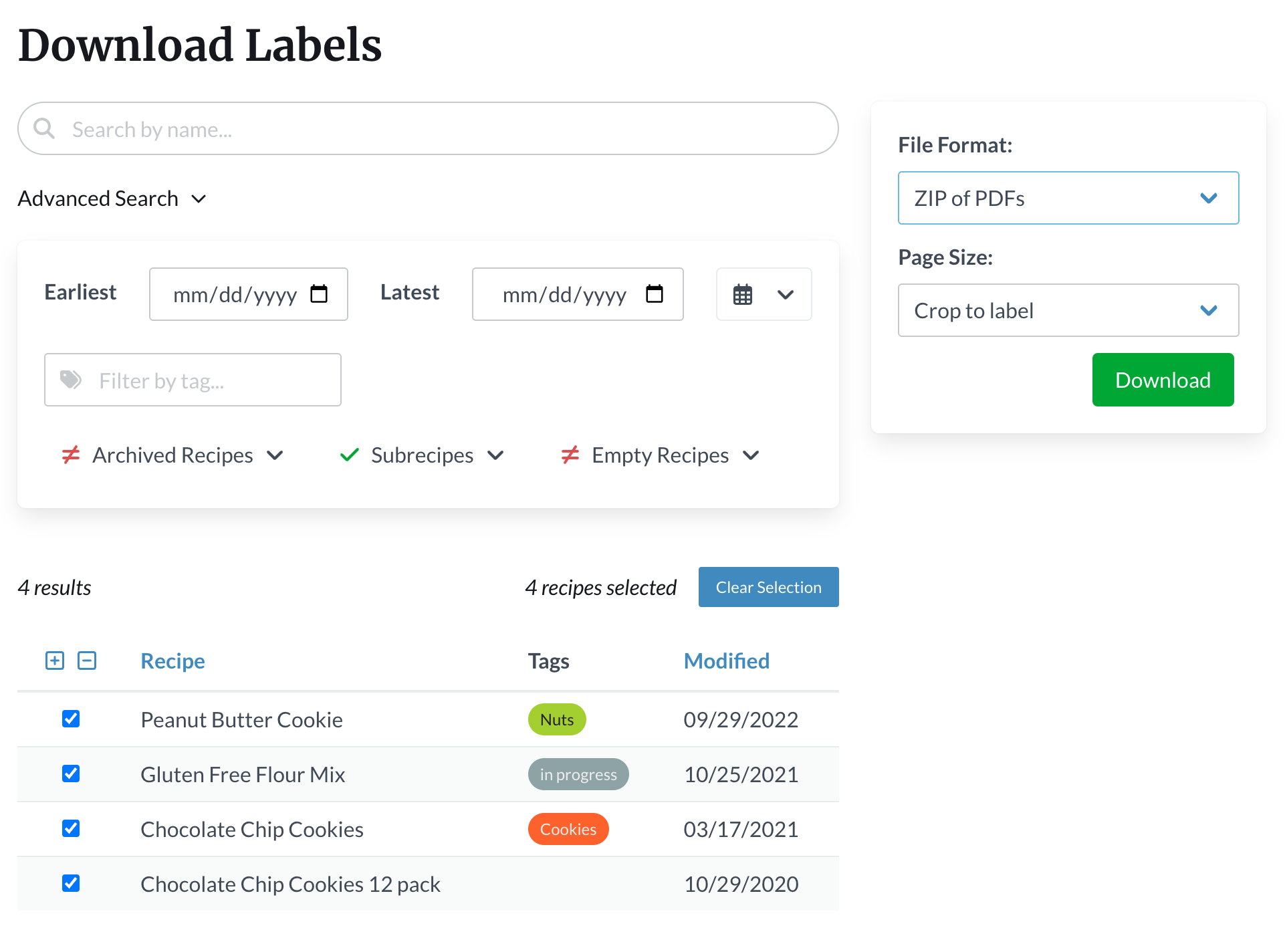 Bulk PDF and PNG Nutrition Label Selection and Download