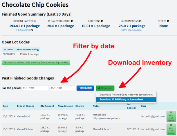 Inventory History Filters and Downloads