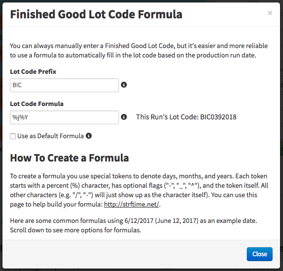Lot Code Formula Form