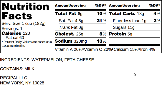 Nutrition label with ingredient list, allergens and business name/address