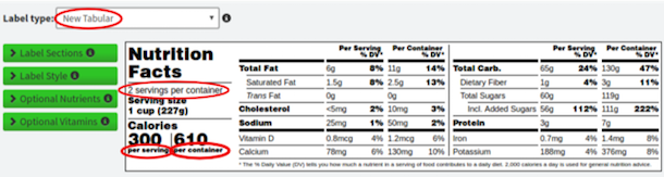 New dual tabular nutrition label 2-3 servings