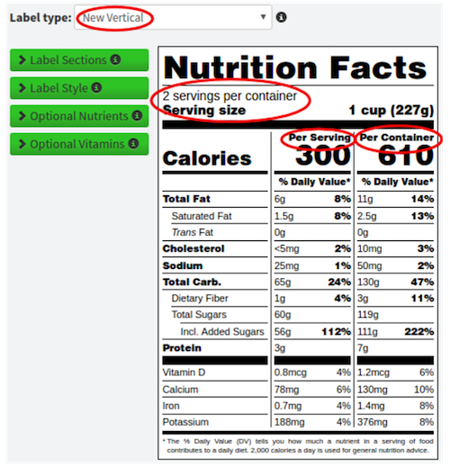 New dual vertical nutrition label 2-3 servings