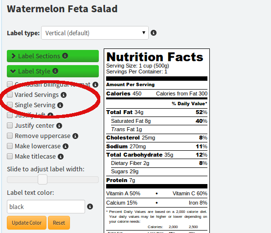 Serving size options for nutrition labels