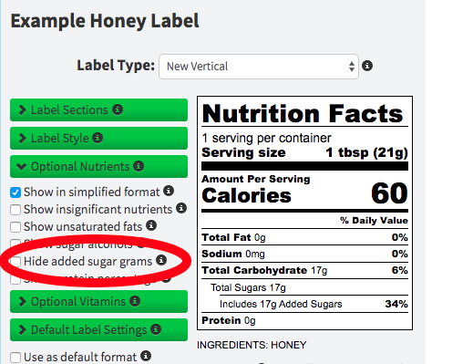 Single Ingredient Added Sugars Remove Grams Option