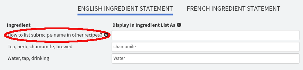 Setting subrecipe name for ingredient statements